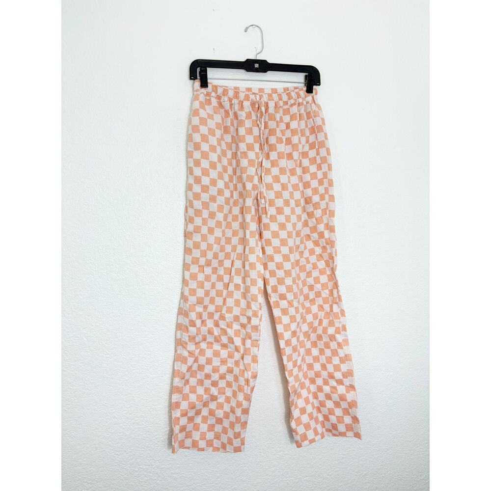 Holiday Emma Mulholland Orange Checkered Linen Pants Size Small Wide Leg - Picture 3 of 13